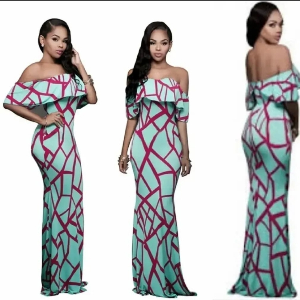 Elegant Off-Shoulder Geometric Print Dress - Teal and Pink